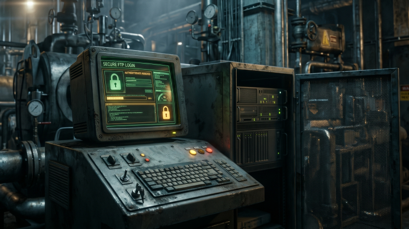 Industrielles Bedienterminal in einer Fabrikanlage mit einem Monitor, der einen sicheren FTP-Login anzeigt